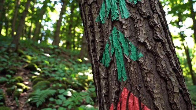 Markings in green and red pigment indicating path affixed to the substantial bark of mature tree located in wooded area abundant with foliage.