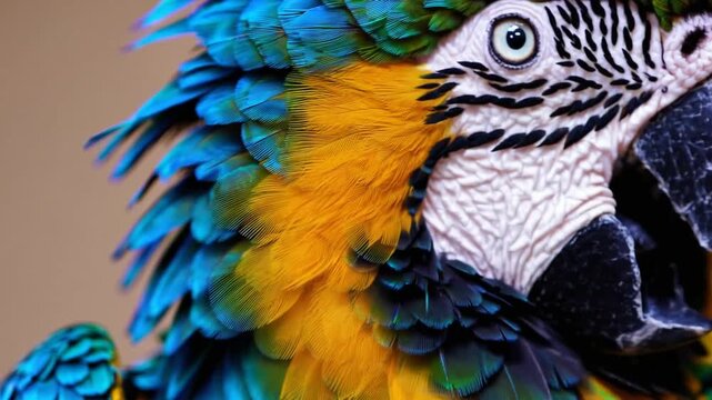 Detailed Close-Up View of the Face and Beak of Vibrant Macaw Parrot