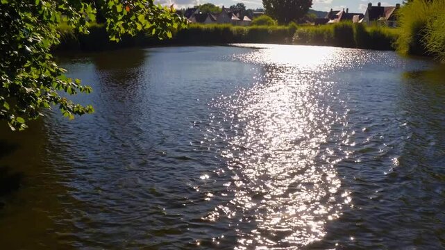 visual perspective obtained from body of water in European locale during the warmest season, under clear and sunny conditions