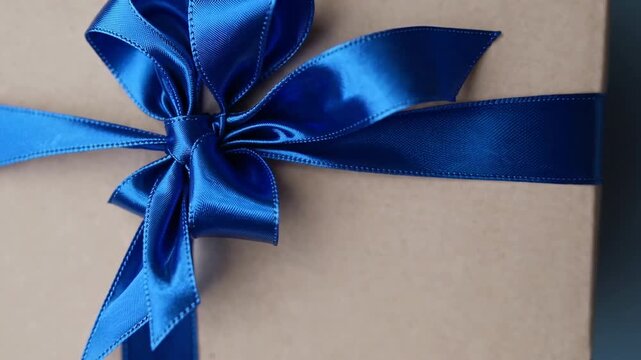 Happy Father's Day gift concept featuring presented box tied with blue ribbon on blue background, viewed from above