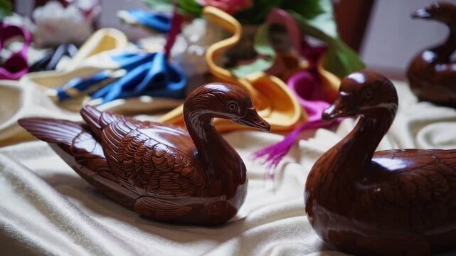 Traditional Korean Matrimony Ceremony Ritual Items Featuring Carved Wooden Goose Representations Wedding