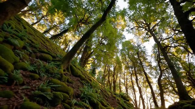 Tranquil and serene landscape view over forested trail winding through lush green environment with moss-covered rocks and ferns, emitting sense of peacefulness