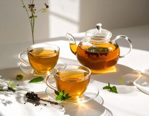 Tea set with glass teapot and herbal tea, sunlight casting long shadows
