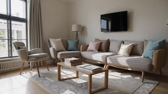 interior space designed in Nordic-inspired manner, featuring comfortable furnishings and entertainment screen within residential living area.