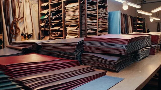 Crafting leather goods in a bustling workshop with colorful materials organized neatly