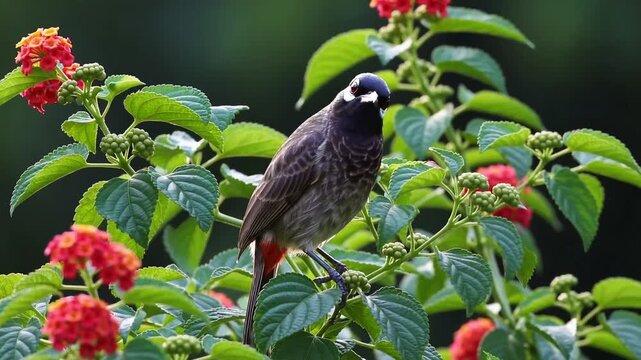 specific type of songbird recognized by its crimson underside situated upon flowering shrub bearing small fruits