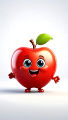 A cheerful, cartoon apple with arms and legs, smiles broadly