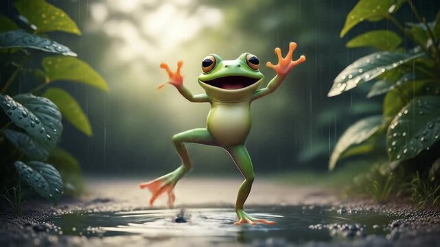 frog dance happy dancing in puddle during rain