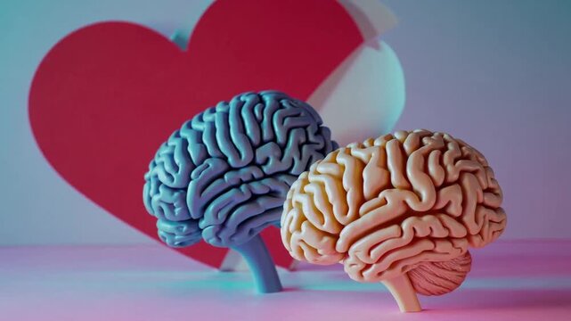Anatomical Brain Model in Front of Red Heart on Pink Background about Love