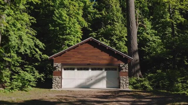Rustic Detached Garage with White Door and Brown Wooden Exterior Situated Within Dense Woodland