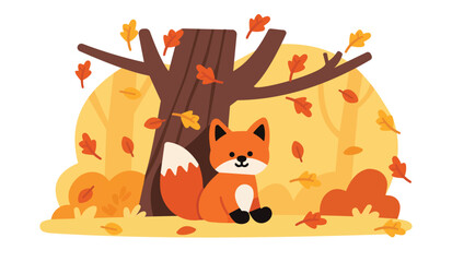 Fototapeta premium Charming vector illustration of a cute orange fox under a tree with autumn leaves. Cozy woodland scenery, wildlife, and fall season design, perfect for children’s decor and prints.