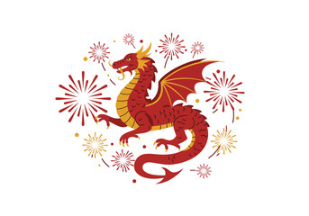 Festive Red Dragon with Fireworks.