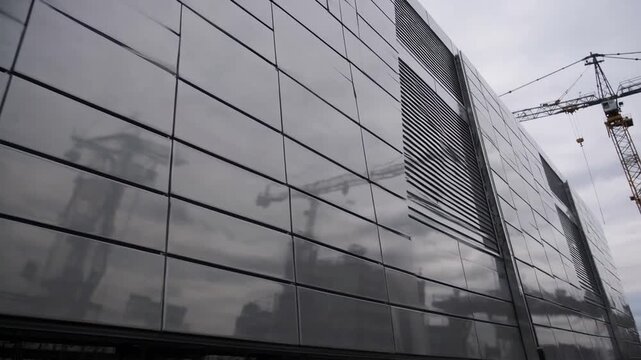Contemporary industrial structure facade with grey metallic stainless steel paneling construction material