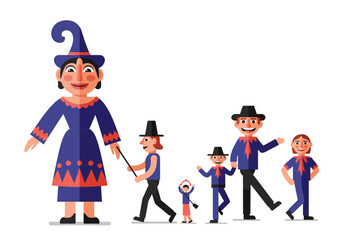 Whimsical Family of Traditional Puppets Illustration.