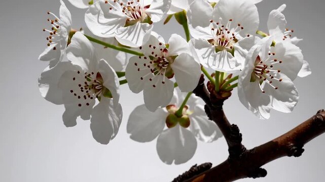 Flowering blooms emerging on fruit-bearing tree of the Pyrus genus isolated on plain backdrop
