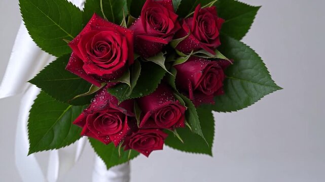 lavish arrangement of multiple long stemmed rose blossoms positioned atop pristine white bridal floral display