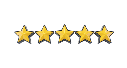 Five Gold Stars on White Background, Perfect Rating, Customer Feedback, Review Icon, Best Quality, Achievement, Excellence