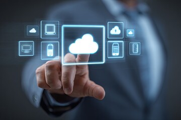 Businessperson touches a glowing cloud icon, surrounded by other digital icons