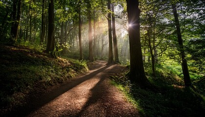 dramatic interplay of shadows and light in a mystical forest path revealing hidden wonders of nature