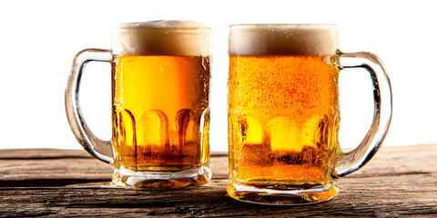 Refreshing pints of frothy beer in clear mugs, perfect for celebrating with friends, cheers to good times!