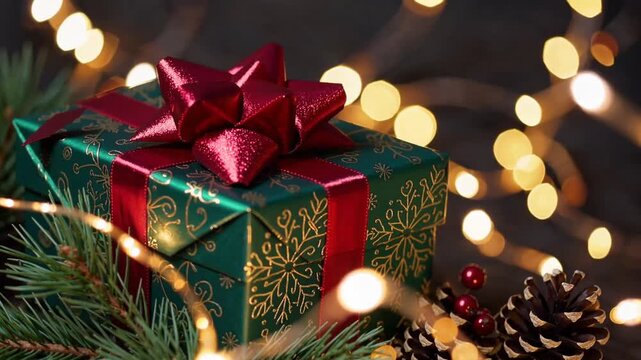 festive Christmas background featuring close-up of gift box with lights and golden bokeh, providing space for text