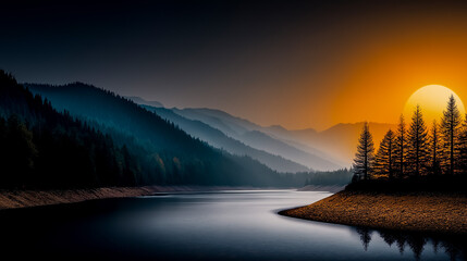 Retro Risograph landscape with winding river, oversized trees, textured gradients, earthy ochre and teal palette, simple silhouettes