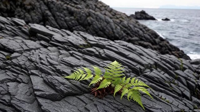Miniature fern plant growing on stony coastline within national park located in northwestern state