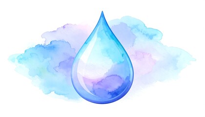 A single, teardrop-shaped water droplet rests on a soft, watercolor cloud