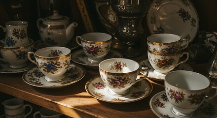 Fototapeta premium High-angle view of a collection of antique, porcelain teacups and saucers in a dusty antique shop