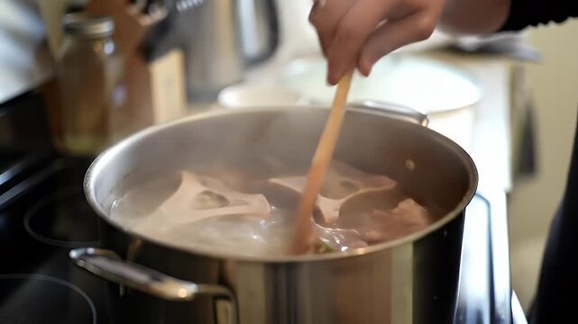 Close up of Steaming Silver Stockpot on Black Stovetop Filled with Bone Broth Being Stirred by a Wooden Spoon Releasing Vapor Perfect for Culinary Content Illustrating Nourishment and Homemade
