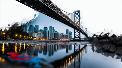 Bold Risograph-style skyline with bridge, overlapping cyan and red shapes, grainy halftone water reflections