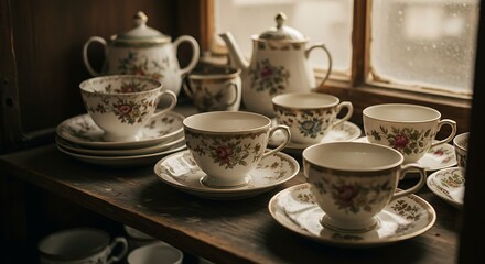 Fototapeta premium High-angle view of a collection of antique, porcelain teacups and saucers in a dusty antique shop