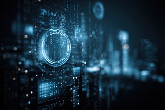 Futuristic digital interface overlaid on a city skyline