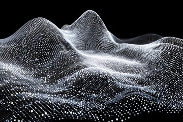 Abstract digital landscape, light gray mesh over black background, undulating forms, dotted network
