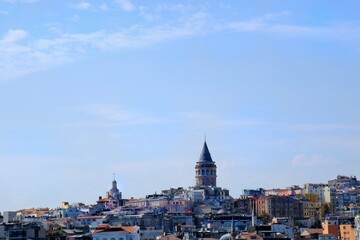 The historic Galata Tower, a tourism destination in Istanbul. Galata Bridge. General view of Karaköy. Historical buildings. Old buildings. Istanbul - Karaköy - Turkey.