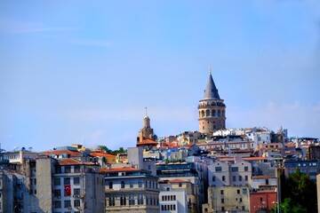 Obraz premium The historic Galata Tower, a tourism destination in Istanbul. Galata Bridge. General view of Karaköy. Historical buildings. Old buildings. Istanbul - Karaköy - Turkey.