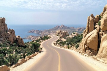 Winding Coastal Road Through Rugged Rocky Landscape, Turquoise Sea View.