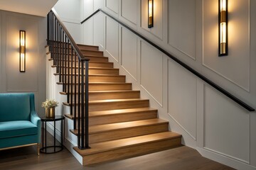 Elegant Staircase Design with Modern Lighting and Decorative Wall Panels Creating a Stylish Interior