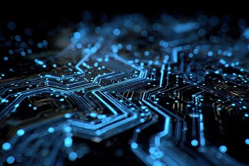 Close-up of intricate circuit board pathways.  Blue glowing traces weave across a dark background, highlighted by luminous points.  Complex network of connections
