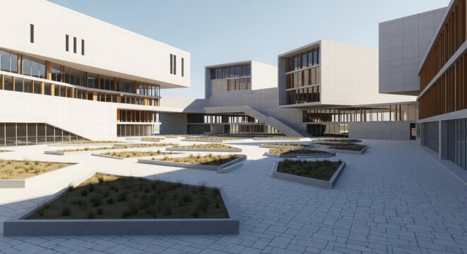 Modern courtyard architecture with geometric design, clean lines, and contemporary building style. - Powered by Adobe
