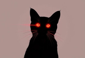 Silhouette of a cat with glowing red laser eyes, minimalist geometric background, red eyes, minimal