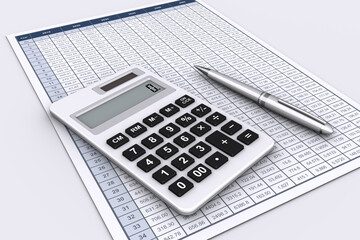 ビジネスデータを記載した書類と電卓とボールペン