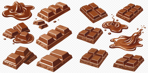 Collection of milk chocolate bars, broken pieces, and melting chocolate puddles.