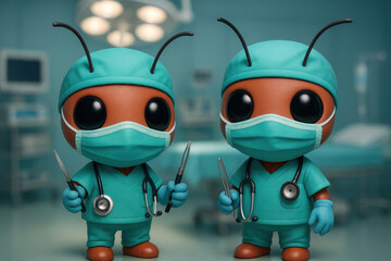 Labor Day Healthcare Concept: Cute Ant Surgeons in Operating Room - 3D Illustration