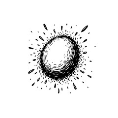 Abstract sketched dark orb exploding with specks emitting from its surface creating dynamic burst