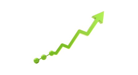Green upward arrow with dots, showing growth and progress on white background