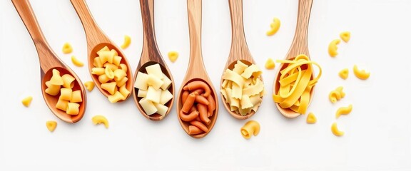 Wooden spoons filled with various pasta shapes on a pristine white background, showcasing Italian culinary heritage, spoon, meal