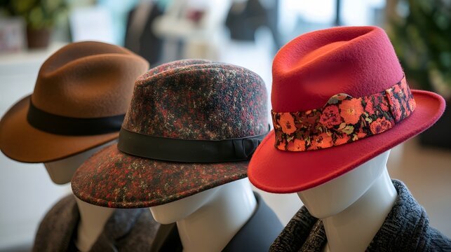 Stylish Fedora Hats Collection on Mannequins,  Brown, Red, and Multicolored