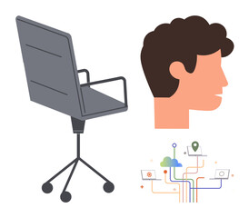 Fototapeta premium Office chair, human head profile, and interconnected digital elements representing innovation, business solutions, technology, teamwork, remote work, brainstorming, and creative problem-solving