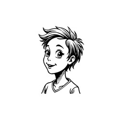 Charming monochrome portrait depicting a young boy's cheerful disposition with stylized hair in